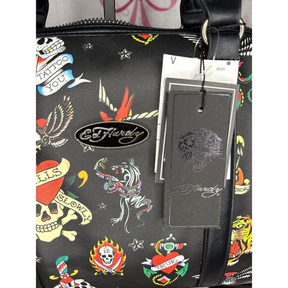 ED HARDY Black Logo Tattoo Skull Hearts Print Satchel Handbag Crossbody